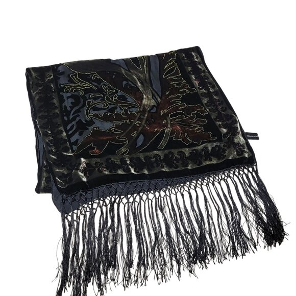 Velvet Burnout Silk Scarf Floral Art Deco Style Wrap Shawl Fringe - Picture 5 of 11